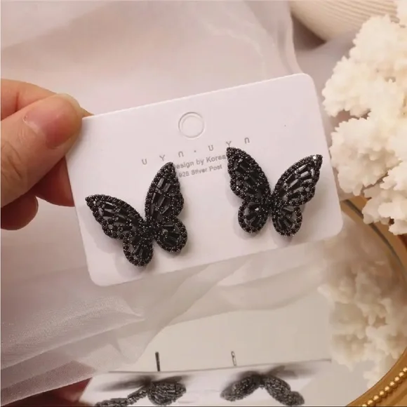 Butterfly earring ring 2PC set black cubic zirconia stone studs jewelry - Picture 2 of 2